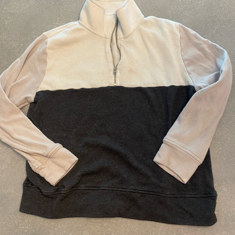 J. Crew Zip Up Colorblock Sweater in Cream, Grey, and Black.